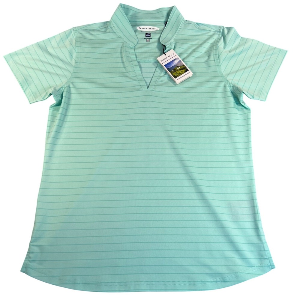 Pebble Beach Performance Womens Polo Shirt Medium Mint Green Striped V-Neck NWT - Picture 1 of 6